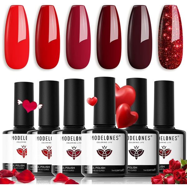 Modelones Gel Nail Polish Set- 6 Colors Gel Nail Polish Red glitter Gel Polish Red Nail Gel Set UV Nail Gel Polish Set Home Salon DIY Gel Nail Polishes Dark Red Mothers Day Gifts for Women