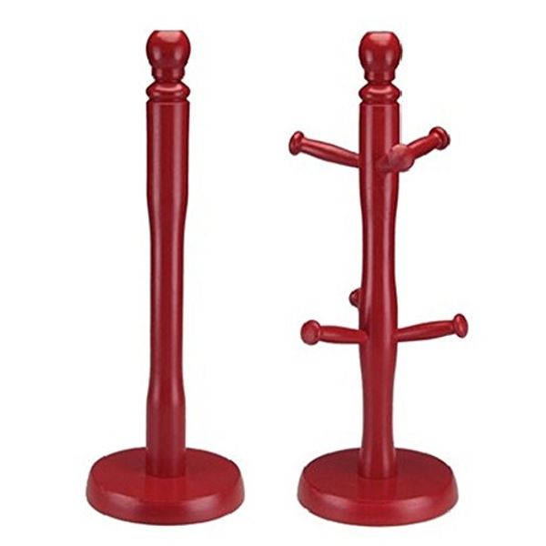 Wood Wooden 6 Cup Mug Tree Stand & Kitchen Towel Paper ROLL Pole Holder Quality (RED)