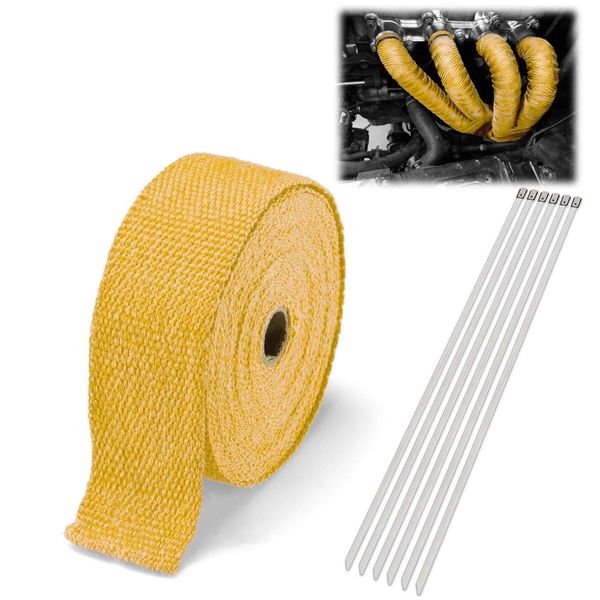 EZAUTOWRAP Yellow Exhaust Pipe Insulation Thermal Heat Wrap 2" x 50' Motorcycle Header Protection Fiberglass Heat Shield 6X Stainless Ties