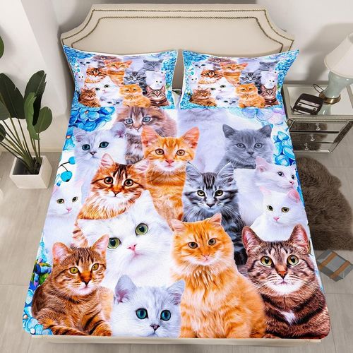 Kids Cute Cat Bedding Fitted Sheet Cartoon Pet Cats Bedding Sheets for Children