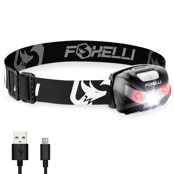 Foxelli Rechargeable Headlamp Flashlight - Super Bright LED Head Lamp for Running, Camping, Hiking & Work, Lightweight Comfortable Head Light for Adults and Kids