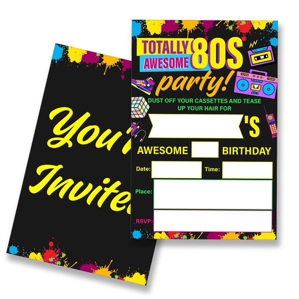 EUDOSI 1980s Theme 80s Birthday Party Invitations Supplies Fill-In Set of 20 with Envelopes 80's Birthday Bash Invites Cards(Double Sided)