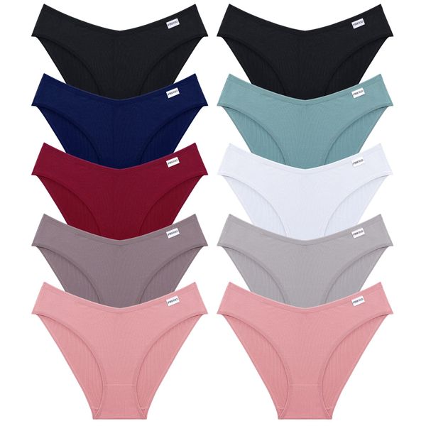 FINETOO 10 Pack Womens Underwear Cotton Cute Low Rise Bikini Rib Cheeky Panties Sexy V-shaped waistband Hipster S-XL(M)