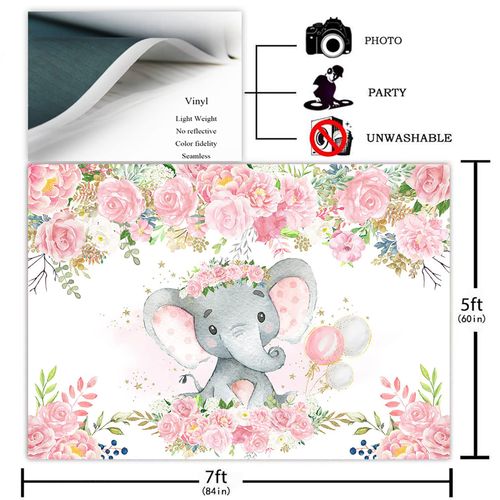 Avezano Baby Elephant Backdrop for Girl Baby Shower Blush Pink Floral Elephant Baby Shower Decorations for Girl's Photography Background Photoshoot Favors Supplies (7x5ft)