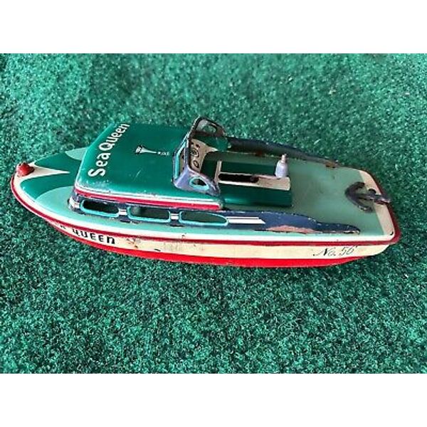 1950's Japan Tin Toy Boat Sea Queen 88 Crank Engine