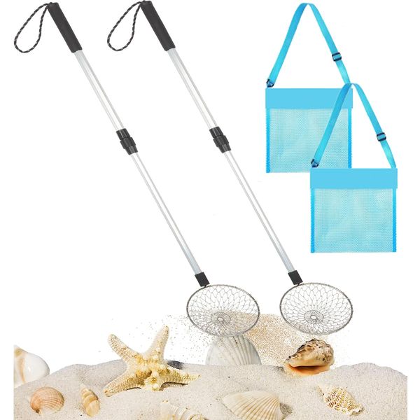 OVRRCSME 4 Pcs Beach Sand Sifter, Shark Teeth Sifter Shell Shovel Rock Scooper with Shell Collecting Bag- Beach Scoop Shovel and Sifter Tool for Picking Up Shells Beachcombing & Rock Hunting