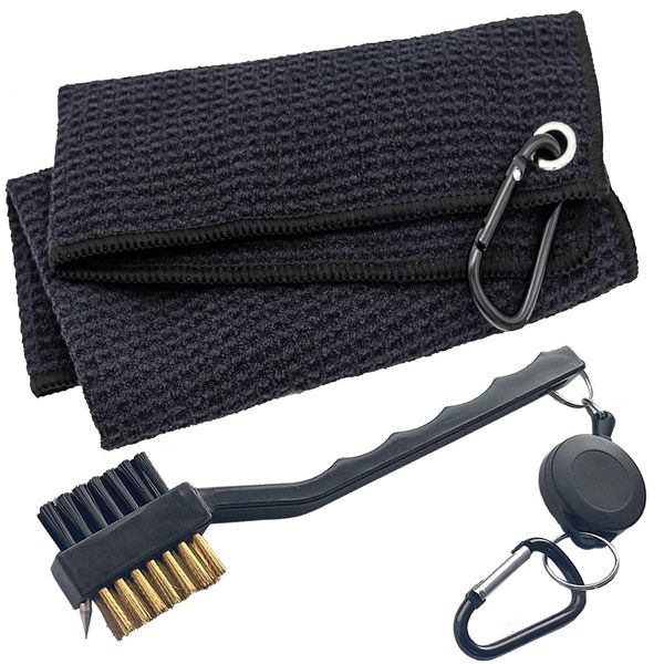 ATTRACTIVE Golf Towel Set, Golf Towel and a Golf Brush, Microfiber Waffle Pattern Towels, Golf Brushes with Heavy Duty Carabiner Clip (Black)