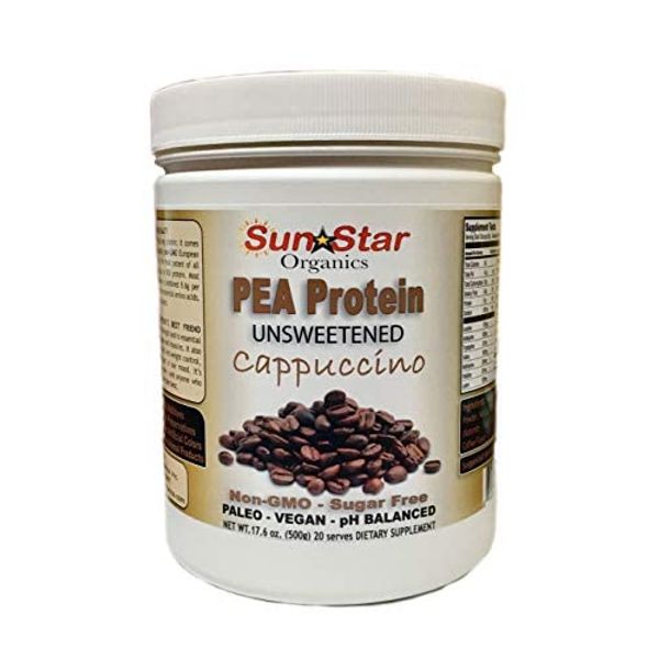 Sun Star Organics Pea Protein Powder - Unsweetened - Cappuccino with Coffee Powder & Vanilla Extract, Soy Free, Non-GMO 17.6 oz