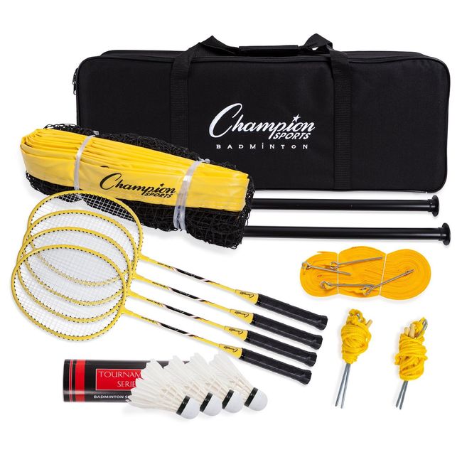 Champion Sports Outdoor Badminton Set: Net, Poles, 4 Rackets, 4 Shuttlecocks & Bag - Portable Equipment for Backyard Games, Team Sports, Adults & Kids