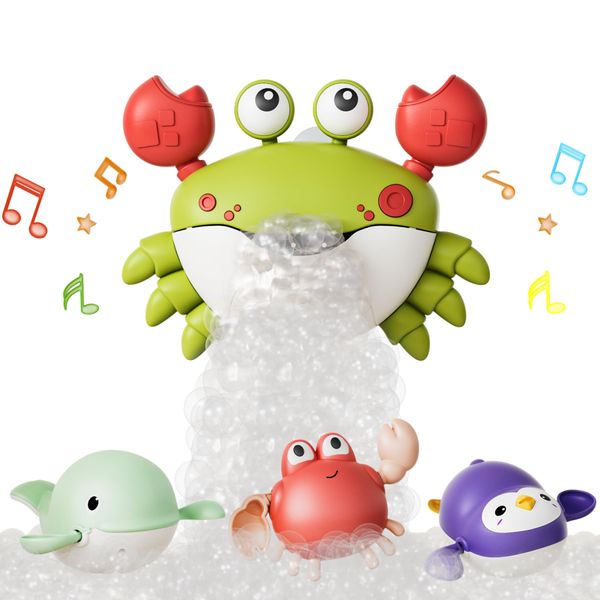 Baby Bath Crab Bubble Maker Machine with Music,3pcs Bathtub Wind-Up Toys,Shower Water Toy for Toddlers Kids 18month(green)