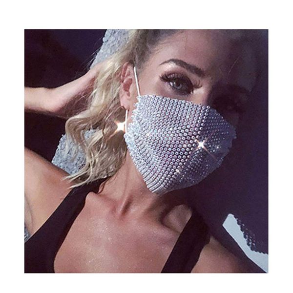 IYOU Sparking Crystal Mesh Mask White Rhinestone Face Covering Elastic Masks Party Prom Nightclub Gras Dress Masks Jewelry for Women and Girls