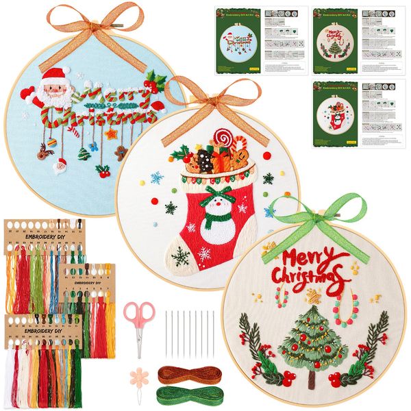 JSRQT 3 Sets Christmas Embroidery Starter Kit, Embroidery Kits for Beginners Adults with Colorful Christmas Pattern, DIY Stamped Cross Stitch Kit with Embroidery Needles Threads Embroidery Hoop