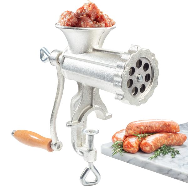 Meat Grinder with Tabletop Clamp & 2 Cutting Disks, Cast Iron Heavy Duty Sausage Maker and Manual Meat Mincer - Make Homemade Burger Patties, Ground Beef and More, Portable and Easy to Use