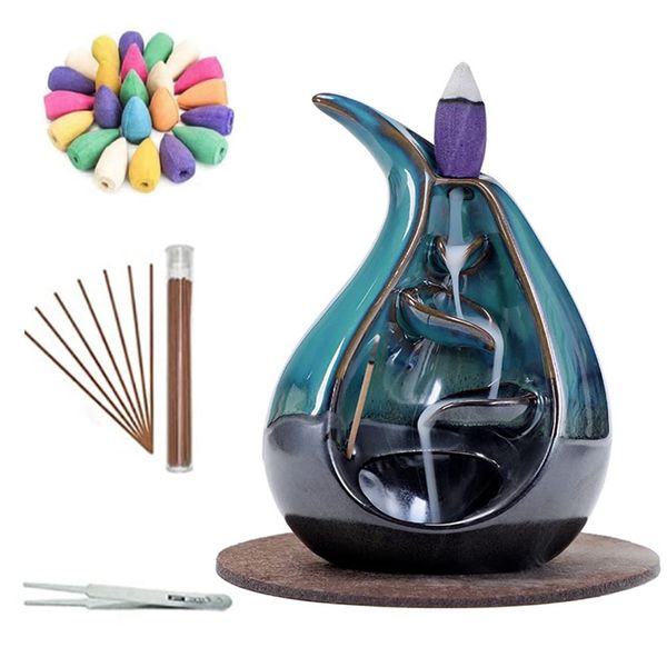 Ceramic Incense Holder Backflow Handcraft Incense Burner with 30 Incense Cones 1 Tweezer 1 Mat 30 Incense Sticks for Home Decoration Ornament Aromatherapy and Meditation