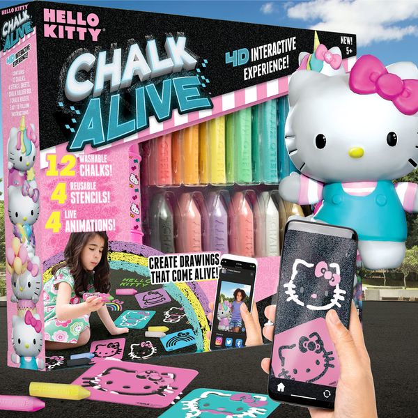 Horizon Group Hello Kitty Chalk Alive USA, Augmented Reality Sidewalk Chalk Art, Includes 12 Washable Sidewalk Chalk Colors, 4 Character Stencils, Create Drawings That Come Alive, Multi (210646)