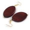 Handmade Wooden Leaf-Shaped Dangle Earrings in Brown - 75mm Total Drop