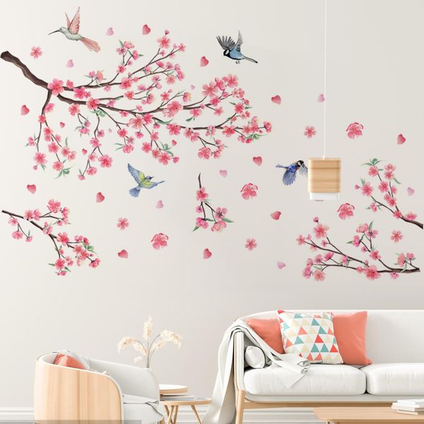 Tomtary 2Pcs Wall Decals Peel and Stick Waterproof PVC Wall Stickers Pink Flower Tree Branch Moisture-Proof Wall Decals for Living Room Wall Stickers Nursery Home Office Room Decor Wall