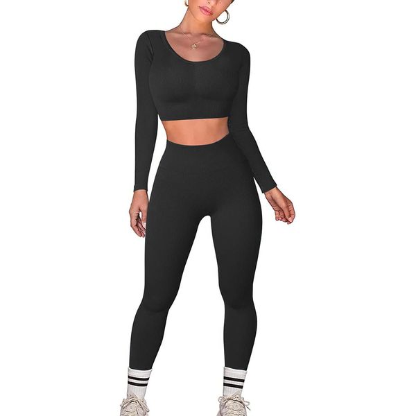 JN JANPRINT Gym Set Women Workout Set 2 Pieces Outfits Long Sleeve Top High Waist Leggings Activewear Clothes Gym wear Sets