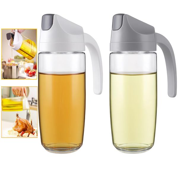 Eidoct Set of 2 Auto Flip Olive Oil Dispenser Bottles - 600ml Leak-Proof Condiment Glass Container with Automatic Cap and Stopper, Drip Free, Non-Slip Handle for Kitchen Cooking Salad, White & Grey