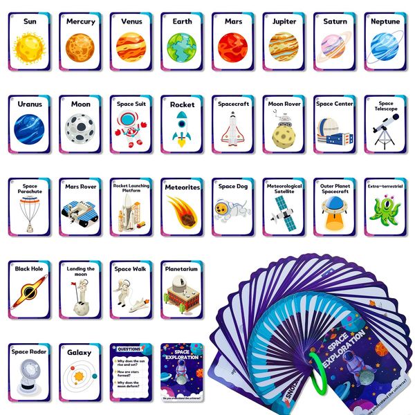 34 Space Exploration Flashcards for Kids,Waterproof Universe Education Flash Cards, Children's Educational Card, Double-Sided Fun Toy Cards for Toddles