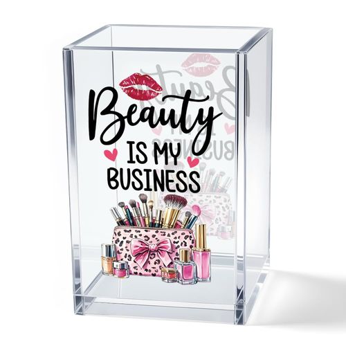 Vgrti Beauty Is My Business Acrylic Makeup Brush Organizer Holder, Makeup Artist Desk Acrylic Brushes Storage, Christmas Birthday Gifts for Daughter Niece Sister BFF Make Up Artist Makeup Lover