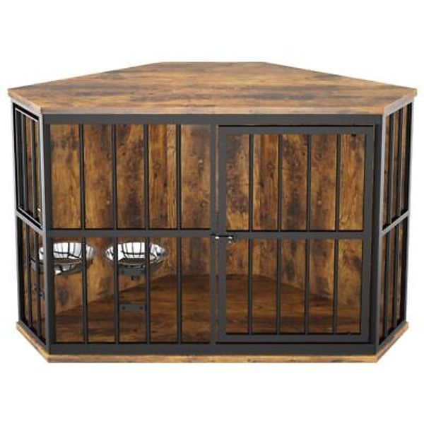 42 inch Furniture Dog Crate Corner Kennel Wooden End Table with Bowl Indoor Pet