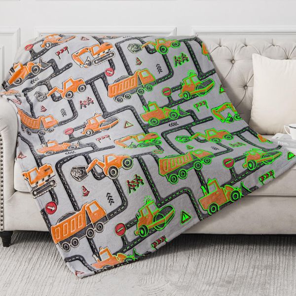 Construction Truck Toys Gifts for Boys - Glow in The Dark Excavator Blanket Birthday Easter Christmas Valentine's Day Present for Kids Age 1 2 3 4 5 6 7 8 9 10 Year Old Toddler Soft Throw 50"x60"