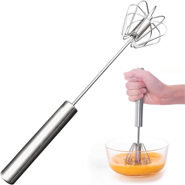 Semi-Automatic Whisk - Manual Whisk Hand Push Egg Beater Stainless Steel Egg Whisk Rotating Push Mixer Stirrer for Baking, Whisking, Beating, Mixer Milk - 11.8Inch