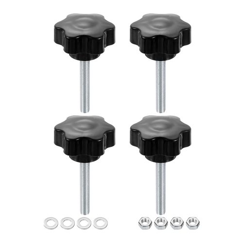 uxcell 4pcs Star Clamping Knobs with Nuts Washers, M8 x 50mm Metric Zinc Plated Carbon Steel Male Thread 48mm 6-Star Plastic Head, Threaded Stud Hand Knobs Handles Thumb Screws, Black