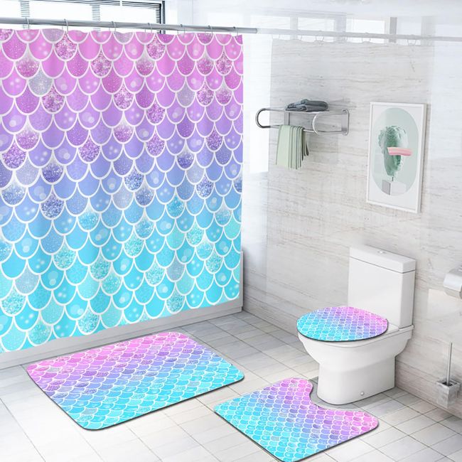 Coxila Mermaid Scales Shower Curtain Set (Not Glitter) Kids Girls Pink and Blue Ombre Ocean Home Toilet Lid Cover U Shaped Bath Mat 4 Pcs Decor Bathroom Non-Slip Rug Fabric Polyester 60x72 Inch