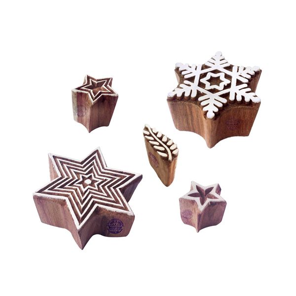 Ornate Pattern Star and Snowflake Wood Block Stamps (Set of 5)