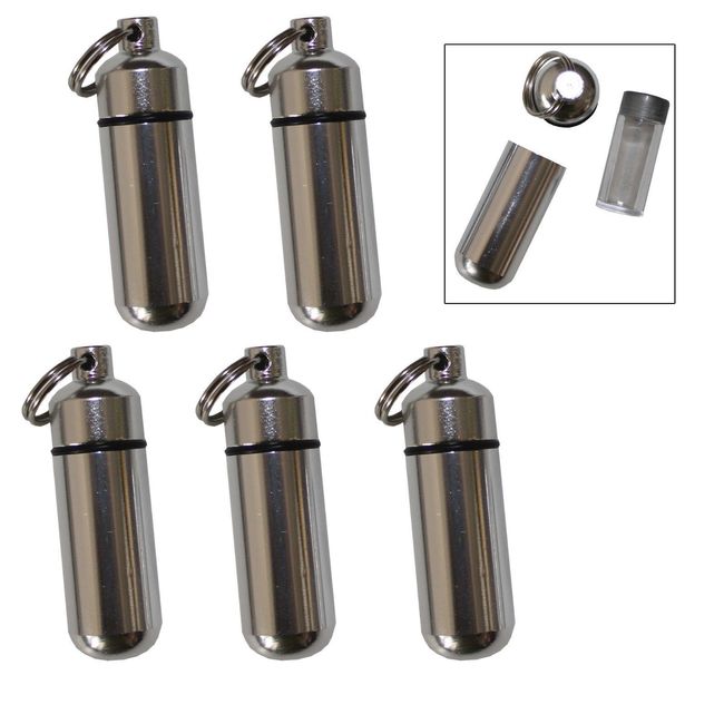 5 Pack Aluminum Pill Case Keychain ID Holder Silver with Inner Container