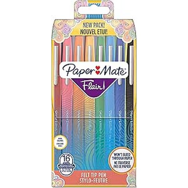 Paper Mate Flair Felt Tip Pens | Medium Tip (0.7 mm) | Assorted Colours | 16 Count Pouch
