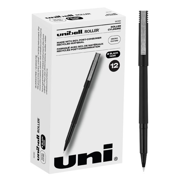 Eco-Friendly Rollerball Pens 12 Count Smooth Writing Black Ink Fine Tip