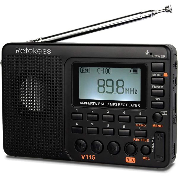 Retekess V115 Digital Radio AM FM, Portable Shortwave Radios, Rechargeable Radio Digital Tuner and Presets, Support Micro SD and AUX Record, Bass Speaker.