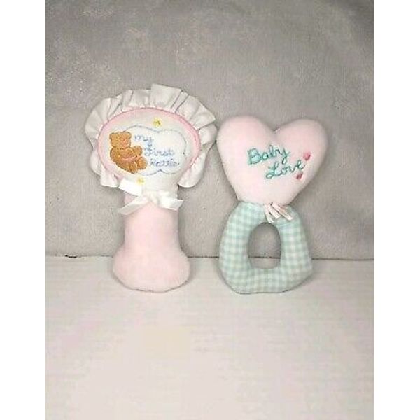 Vintage Eden Pink Baby Rattle 7" White Blue Checker Plush  Bow Bear Star Lot