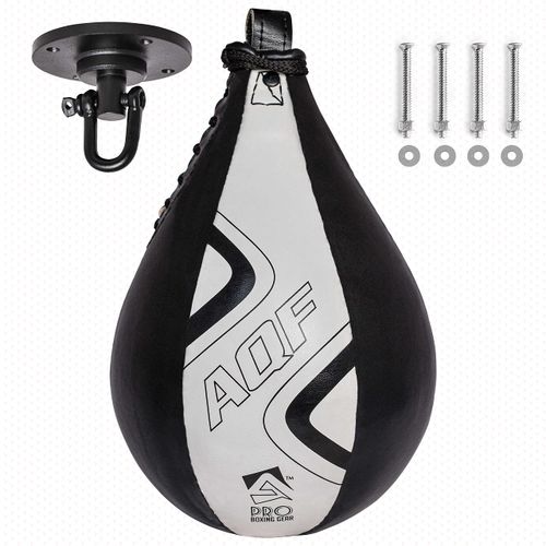 AQF Leather Speed Ball & Swivel Boxing Punch Bag Punching Training MMA Speedball (Black & White Pro)