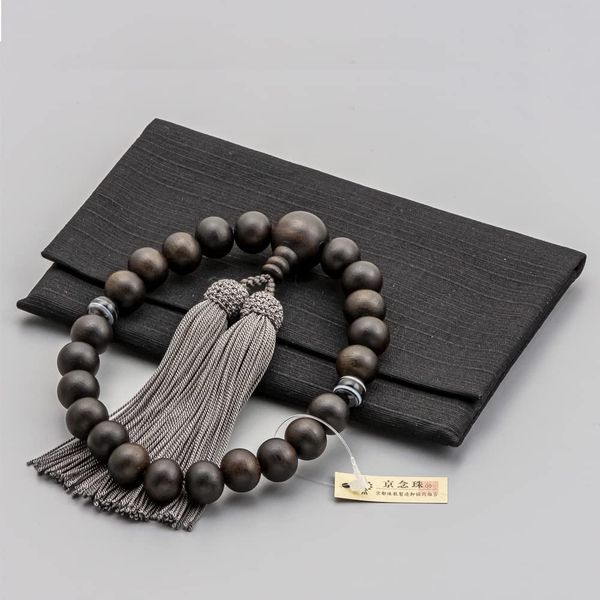 Buddhist Altar Prayer Beads with Bag for Funeral, Memorial Services, Made in Japan, Can be Used in All Sects, For Men, Banded Ebony, Black Banded Agate, Agate, Pure Silk