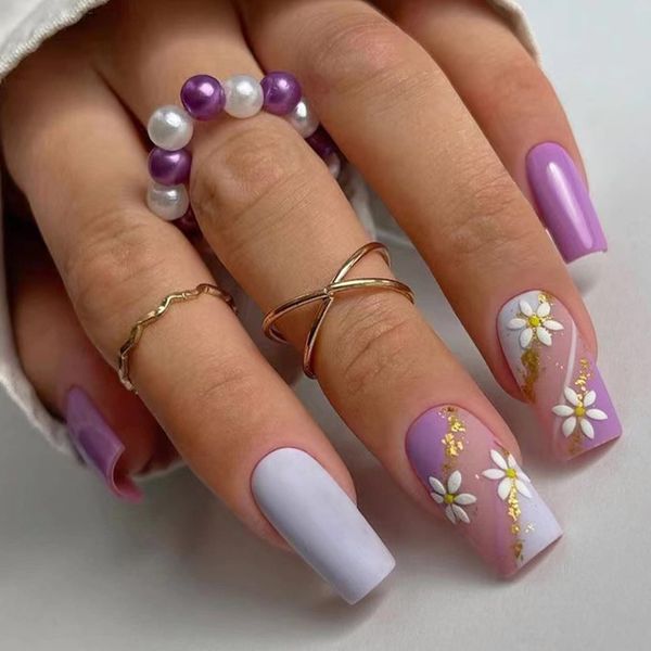 Ceboic Square False Nails Medium, 24Pcs Shiny Purple French Press on Nails, Ballerina Trendy Fake Nails with White Flowers Designs, Artificial Acrylic Stick on Nails for Women and Girls