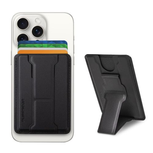 PureGear KikStik Mag Wallet, Magnetic Wallet Holder with Kickstand for MagSafe iPhone 15, 14, 13, 12 Series, MagSafe Compatible Holder Kickstand, Magnetic Phone Wallet Holder (Black)