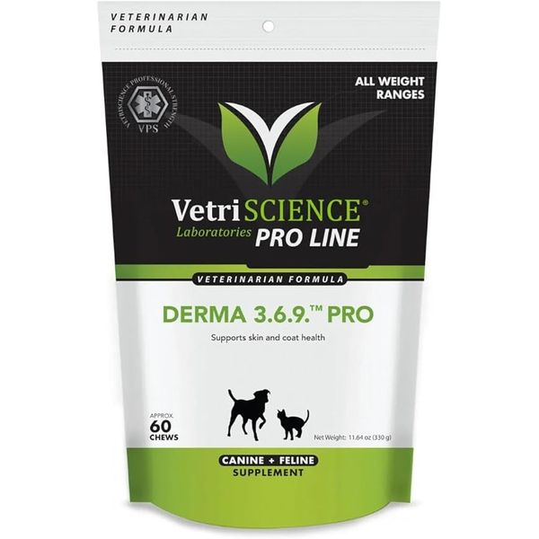 VetriScience Derma 3.6.9 Pro - Dog & Cat Skin Barrier Support Supplement - Aids Skin Hydration & Health - Supports Healthy Shedding for Cats & Dogs - Supplement Supports Healthy Coat - 60 Chews