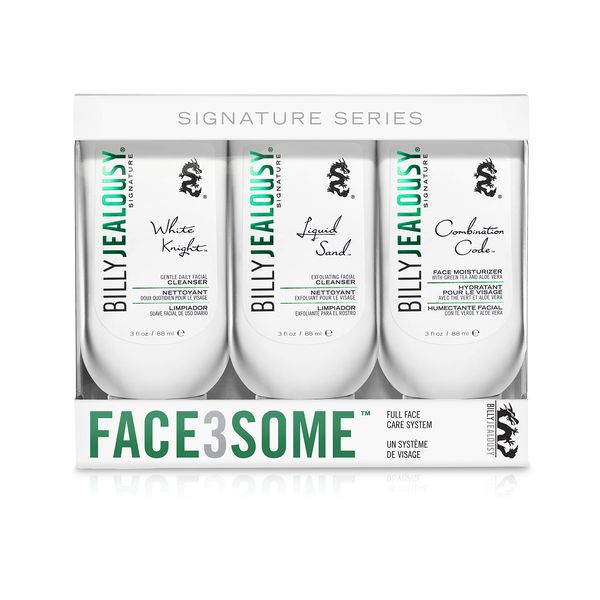 Billy Jealousy Face3Some Face Trio Vegan Mens Skin Care Kit with Travel Size Daily Facial Cleanser, Exfoliating Facial Cleanser and Face Moisturizer, Gentle Fresh Scent