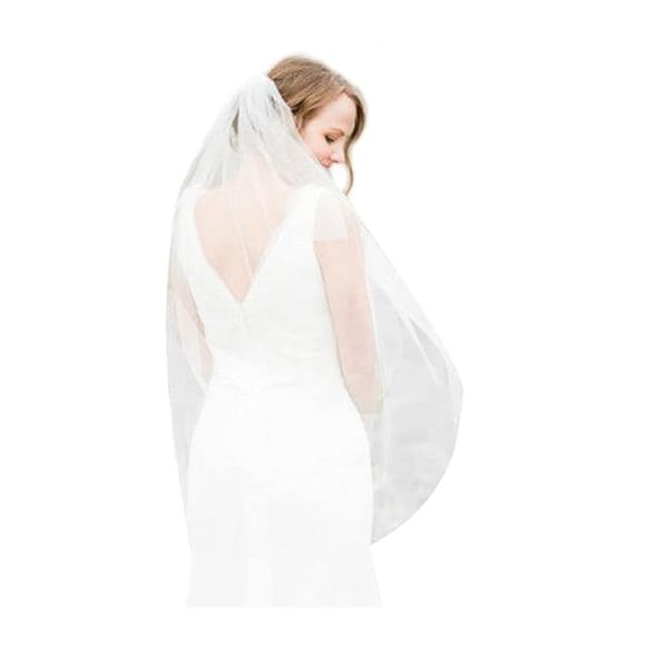 Fangsen Wedding Bridal Veil with Comb 1 Tier Bridal Fingertip veil (Fingertip White)