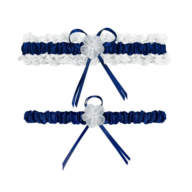 RIMOBUL 2 Pieces Wedding Garters Lace Bridal Garter Faux Pearls Garter for Bride with Toss Away (Royal Blue)