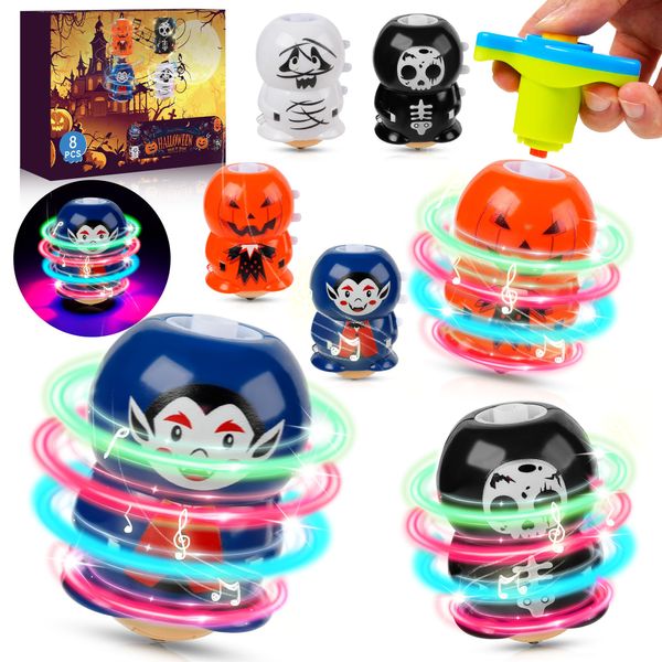 8 Pack Light Up Spinning Tops with Flash & Music, Halloween Toys Gifts for Kids, Halloween Party Favors, Goodie Bag Fillers, Toys for Trick Or Treat