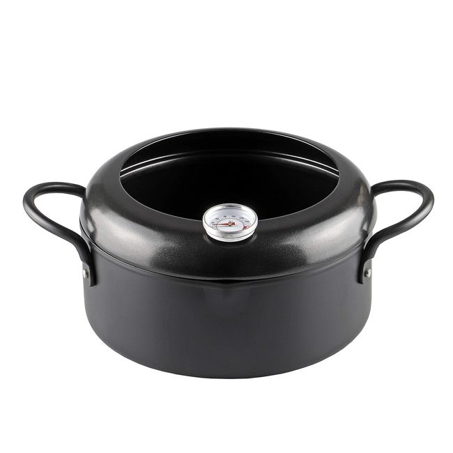 BLKP AZ-5037 Pearl Metal Frosted Tempura Pot, 7.9 inches (20 cm), Black, Iron with Thermometer, Black