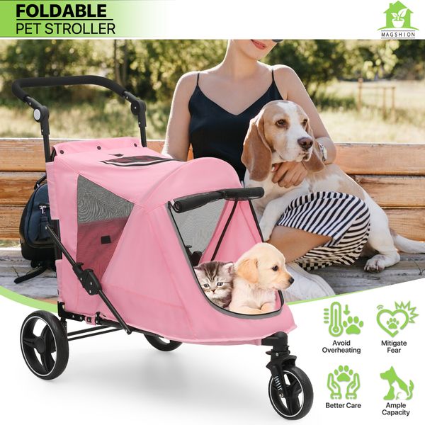 Folding Pink Dog Stroller Pet Travel Carrier Cart w/Skylight+Foot Activated Lock