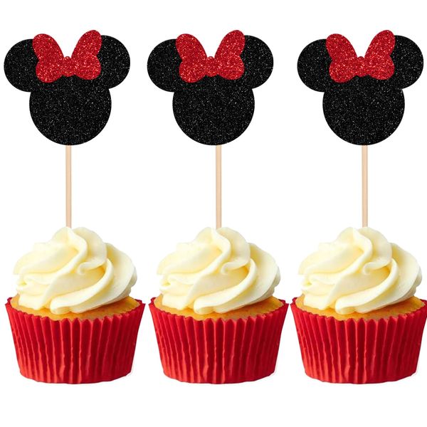 24 PCS Black and Red Mouse Inspired Cupcake Toppers with Bow Glitter Mini Cupcake Picks Decorations for Baby Shower Wedding Kids Birthday Party Supplies