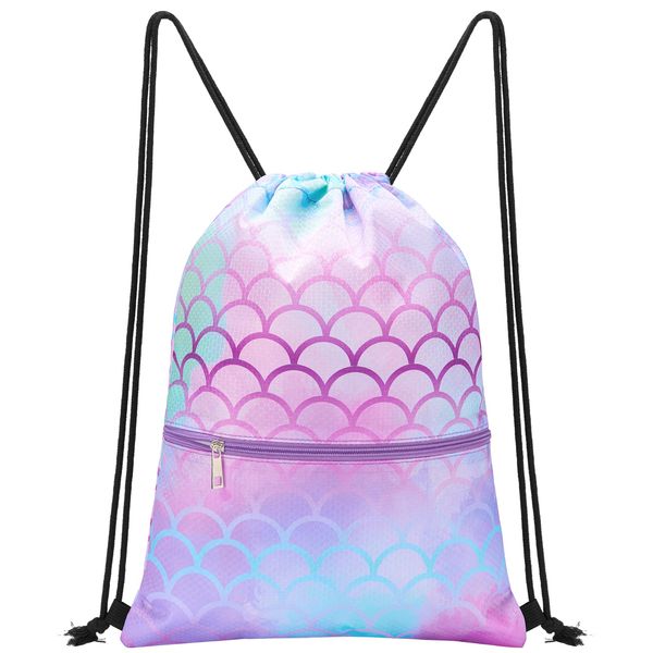 WAWSAM Mermaid Drawstring Backpack - Girls Drawstring Bags for Children Swim PE Bag for Beach Swim Swimming Pool School Draw String Bags with Zippered Pocket Waterproof Sports Gym Bags