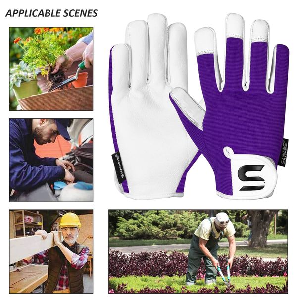 SAWANS Leather Gardening Gloves Ladies and Mens Thorn Proof Garden Gloves for Women and Men Ideal Gardening Gifts Durable Goatskin Work Gloves (L, Purple)